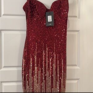 Fashion Nova Strapless Red and Gold Sequin Dress